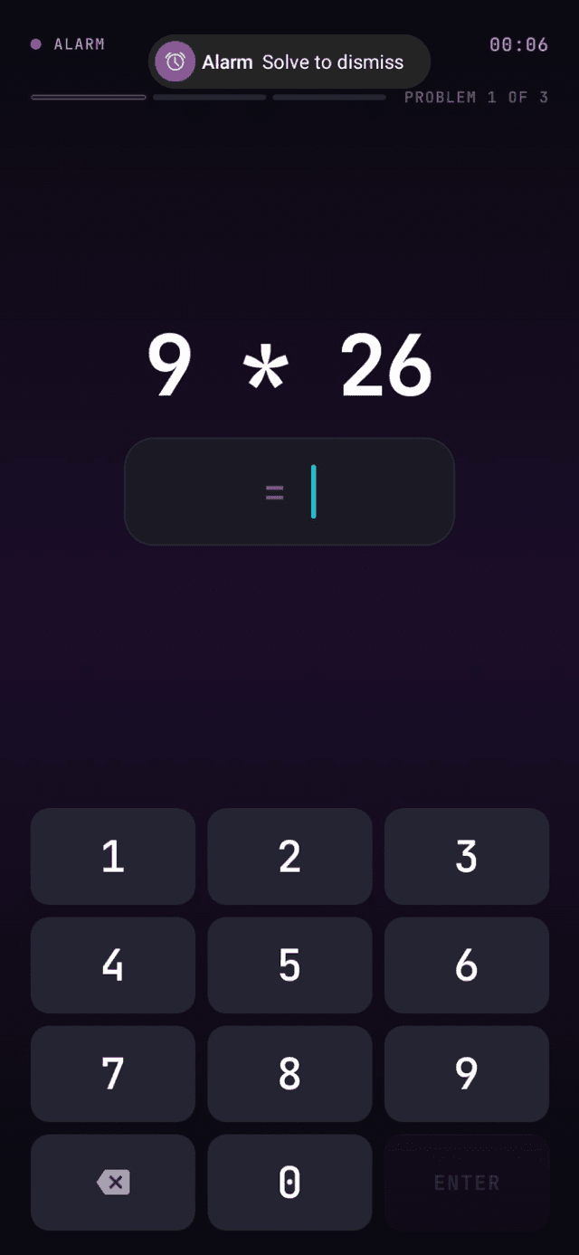The wake screen as the alarm rings, showing problem 1 of 3 and an empty answer field