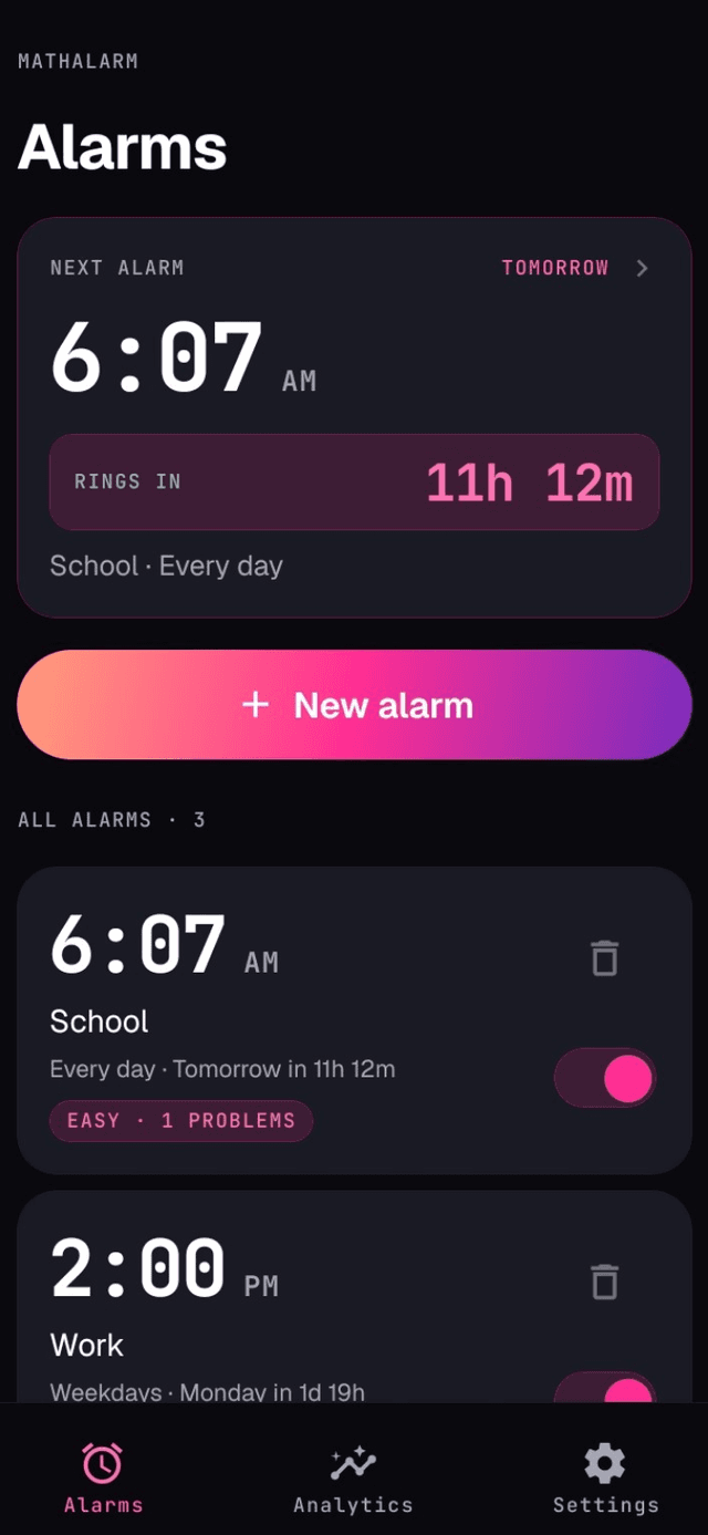 The MathAlarm alarm list, with the next alarm at 6:07 AM counting down and three saved alarms below it