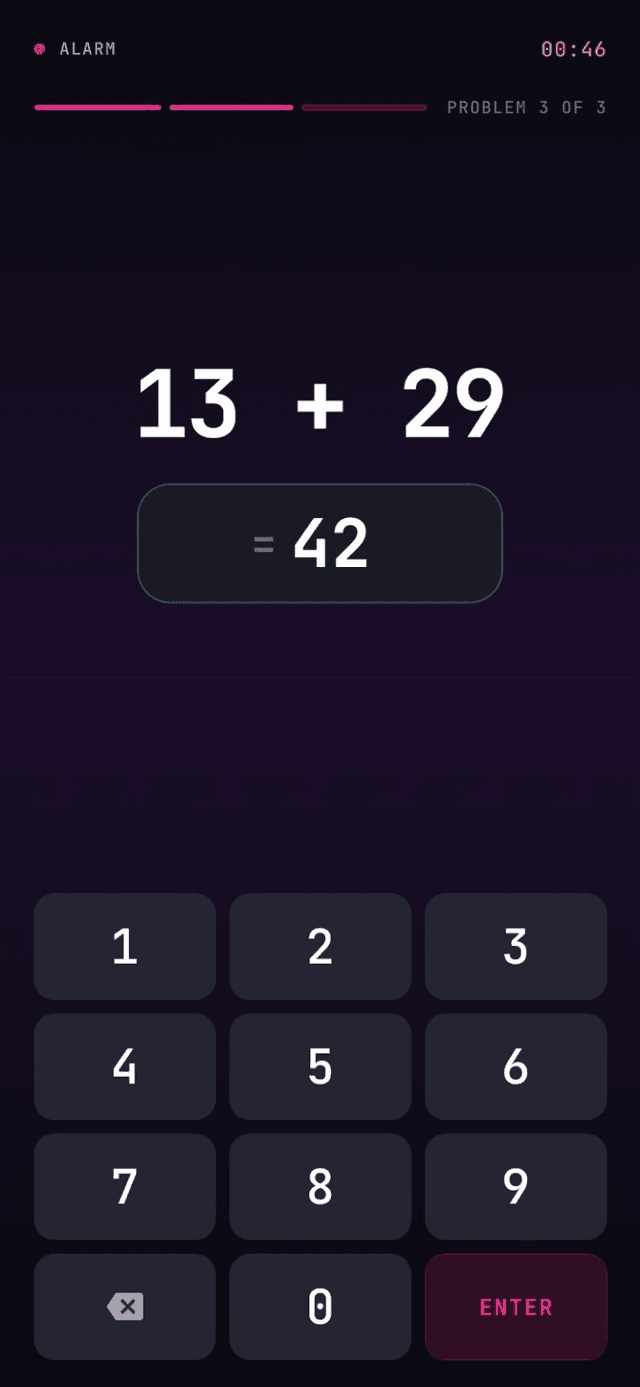The wake screen on problem 3 of 3, with 13 + 29 answered as 42