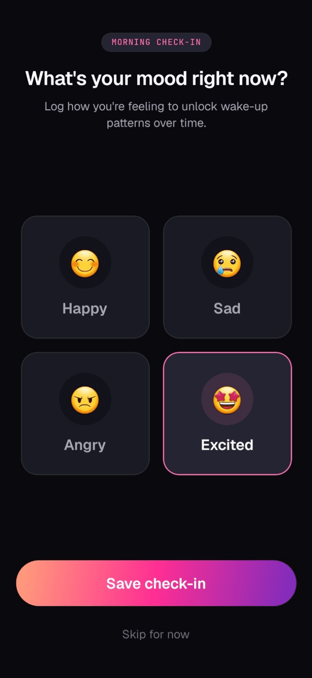 The morning check-in screen asking for your mood, with Excited selected