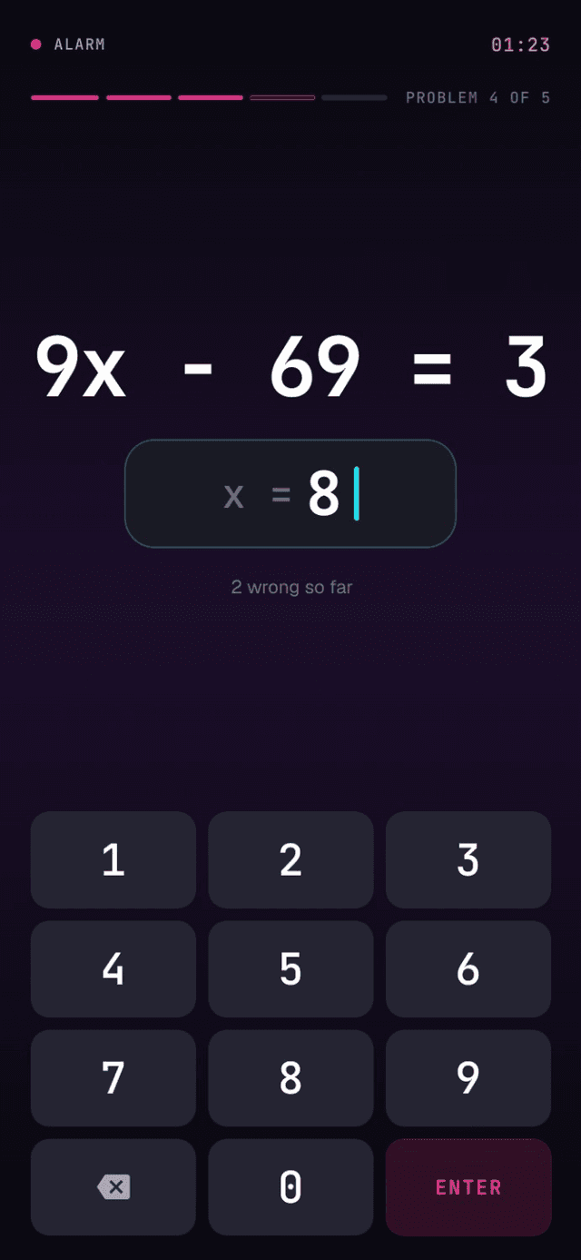 The MathAlarm wake screen on problem 4 of 5, showing the equation 9x − 69 = 3 with x = 8 entered above the keypad